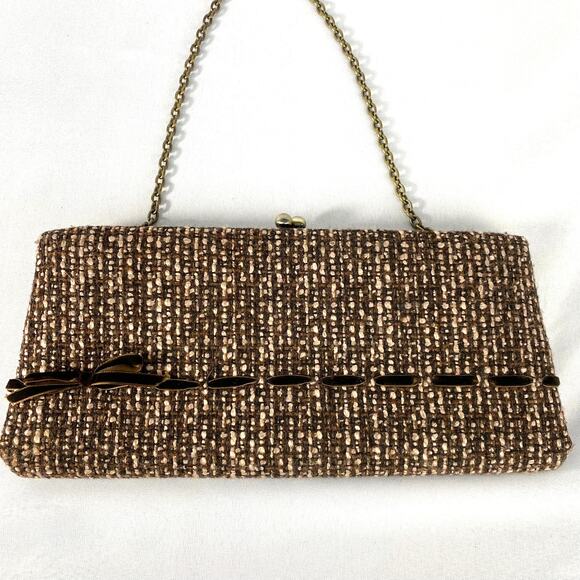 Vintage Worthington Tweed Bag Framed Clutch Brown Kiss Lock Old Money Gold Chain - Picture 1 of 6